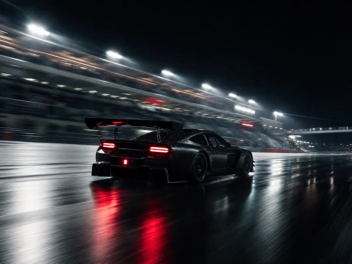 A race car at speed on a wet circuit at night