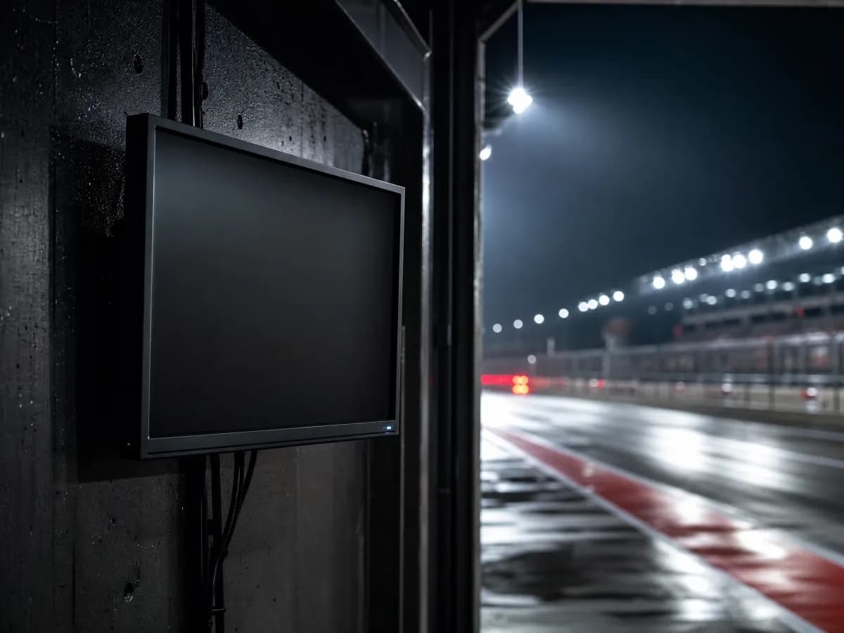A timing monitor on the pit wall at night